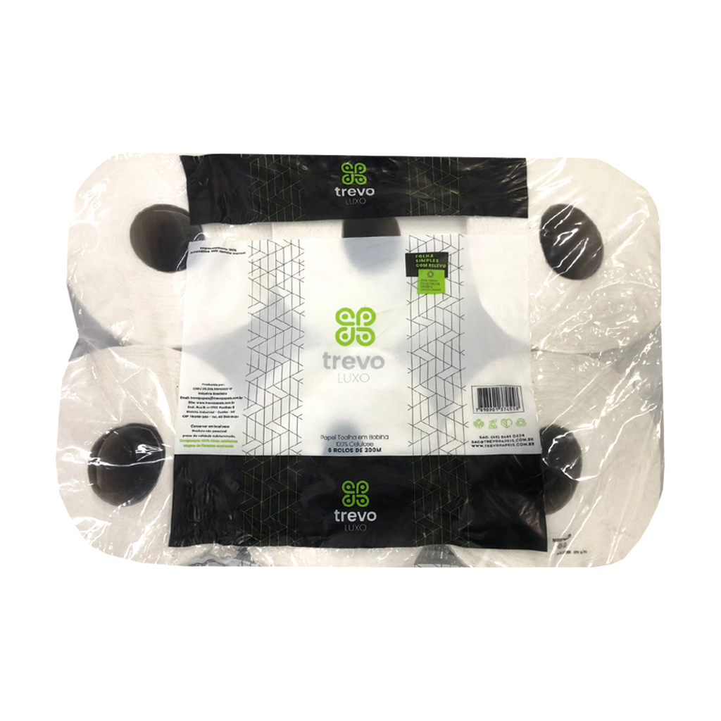 Papel Toalha Bobina Branco Simples 20cm x 200 Metros 20g 100% Celulose Trevo Papeis - 421 - Pacote com 6 Bobinas