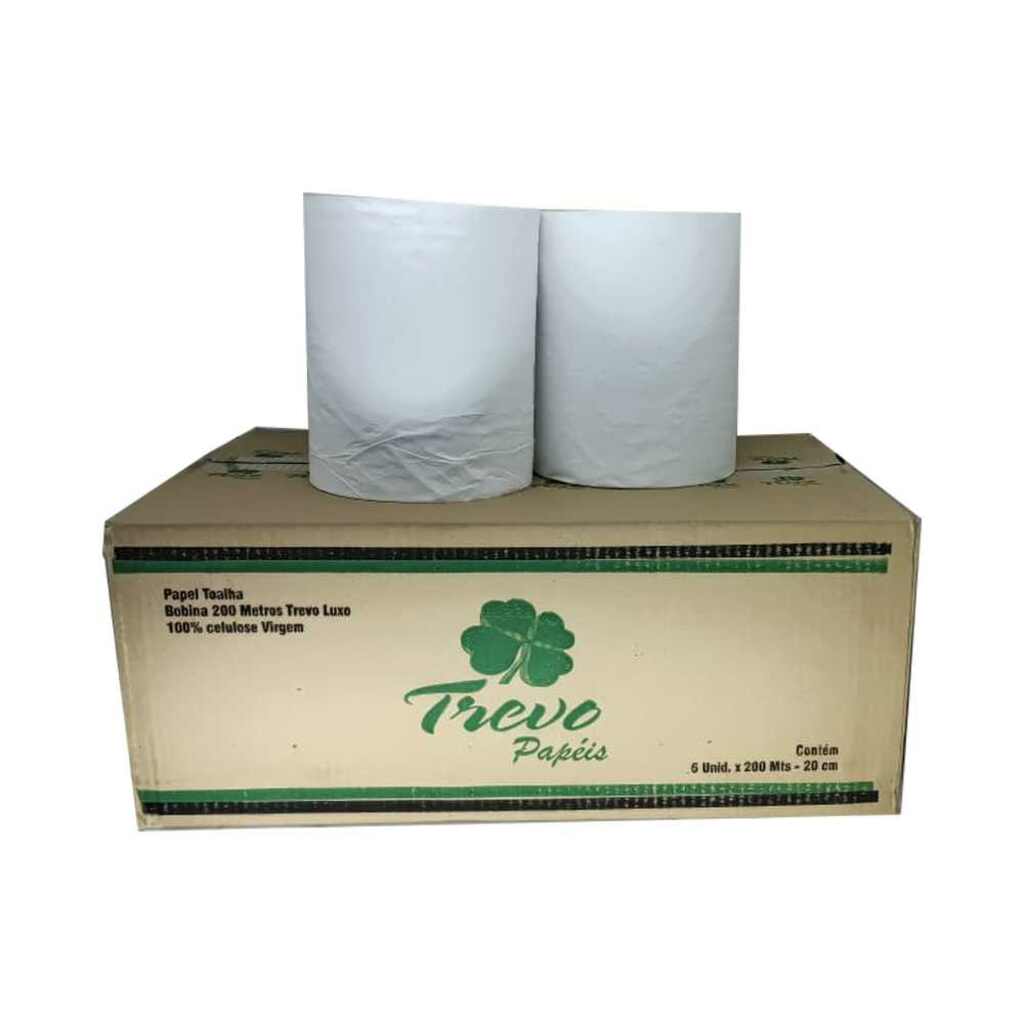 Papel Toalha Bobina Branco Simples 20cm x 200 Metros 20g 100% Celulose Trevo Papeis - 421 - Pacote com 6 Bobinas