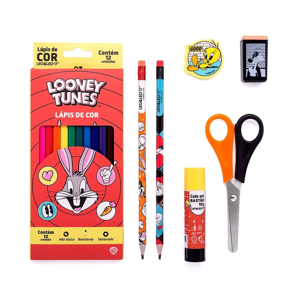 Kit Lápis de Cor Leo e Leo 12x1 Looney Tunes mais Acessórios