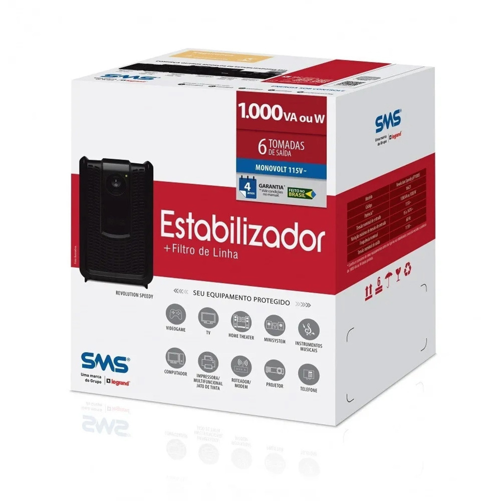 Estabilizador SMS Revolution Speedy 1000VA Entrada 115V e Saída 115V - 16621