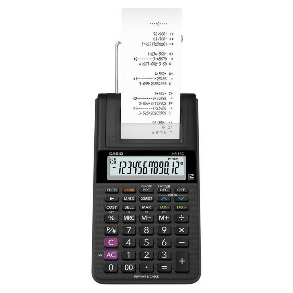 Calculadora Eletrônica com Impressão 12 Dígitos Função Reimprimir, Função Verificar Bivolt Preto Casio - Unitário - HR-8RC-BK-B-DC