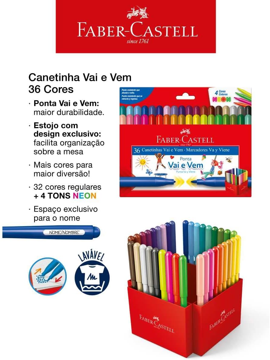 Caneta Hidrocor Faber Castell 36 Cores Ponta Vai e Vem