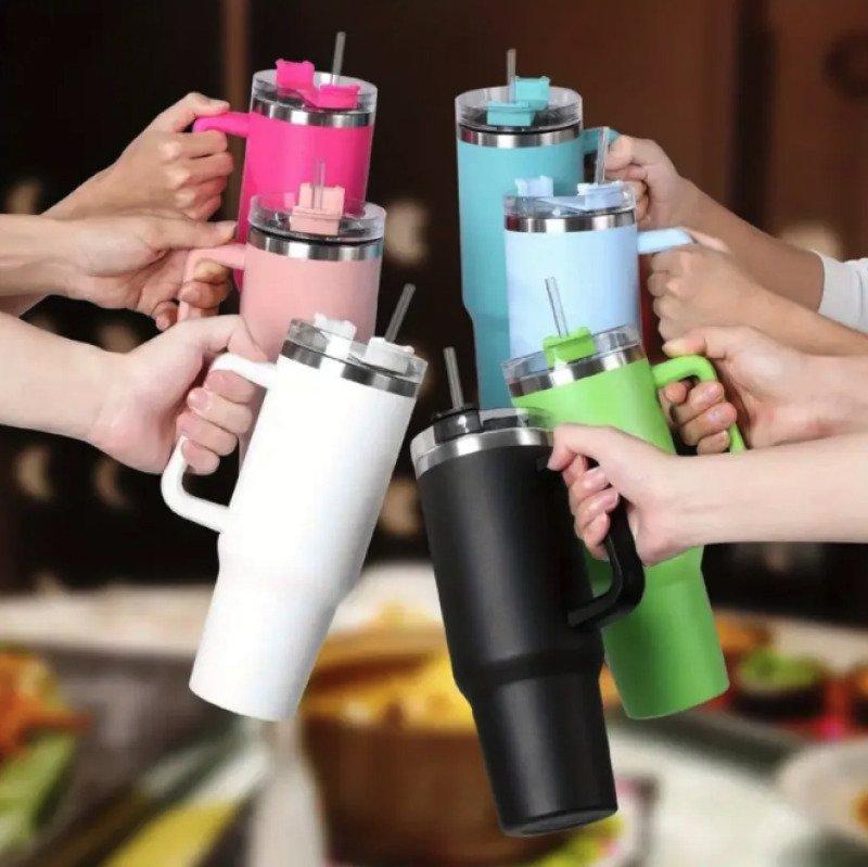 Garrafa Copo Térmico 1200 ml Aço Inox com Tampa e Canudo Vermelho