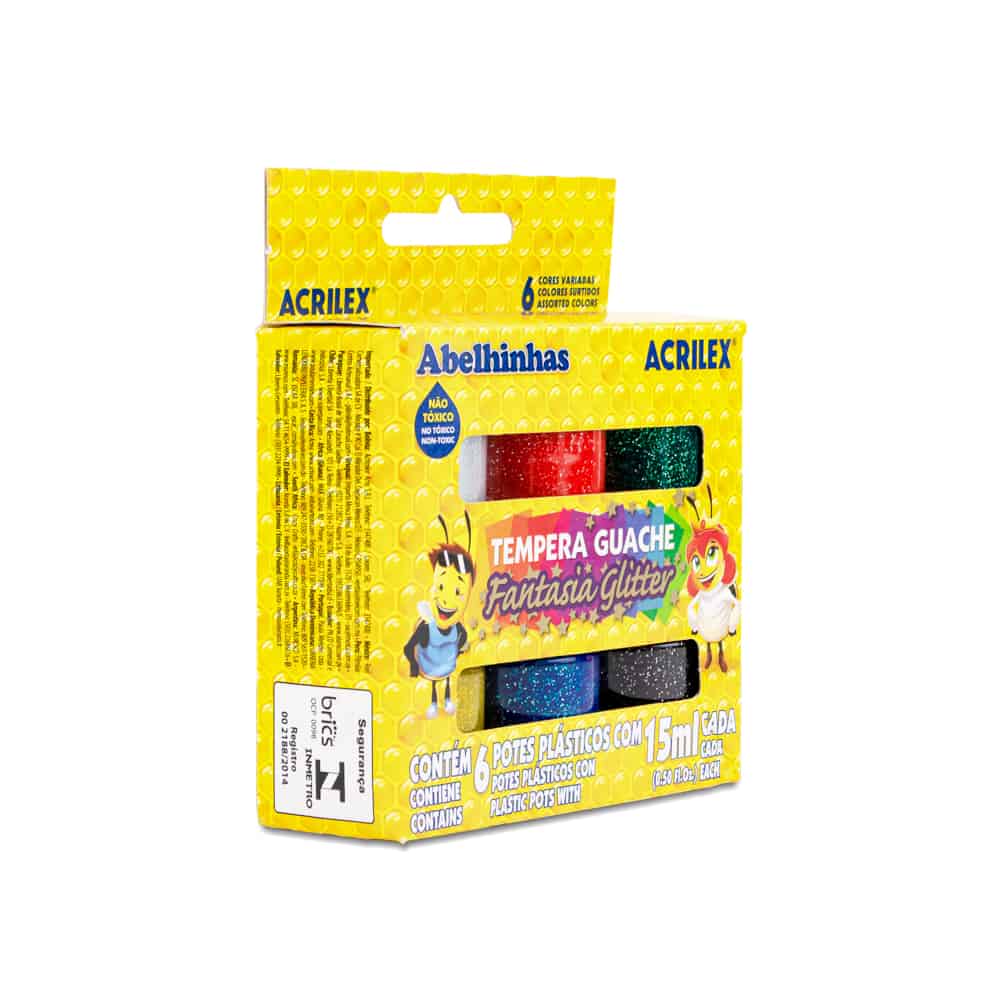 Tinta Guache Acrilex Tempera Guache Fantasia Glitter com 6 Cores 15ml
