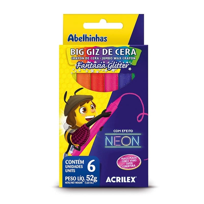 Giz de Cera Acrilex Big Fantasia Glitter com Efeito Neon 6 Cores