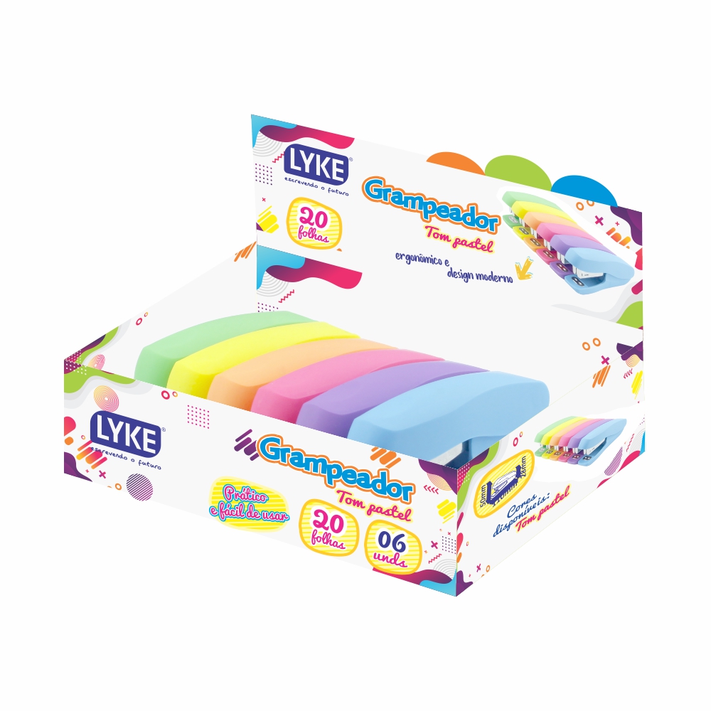 Grampeador Lyke Corpo Plástico Resistente e Textura Emborrachada para 20 Folhas Tom Pastel Sortido