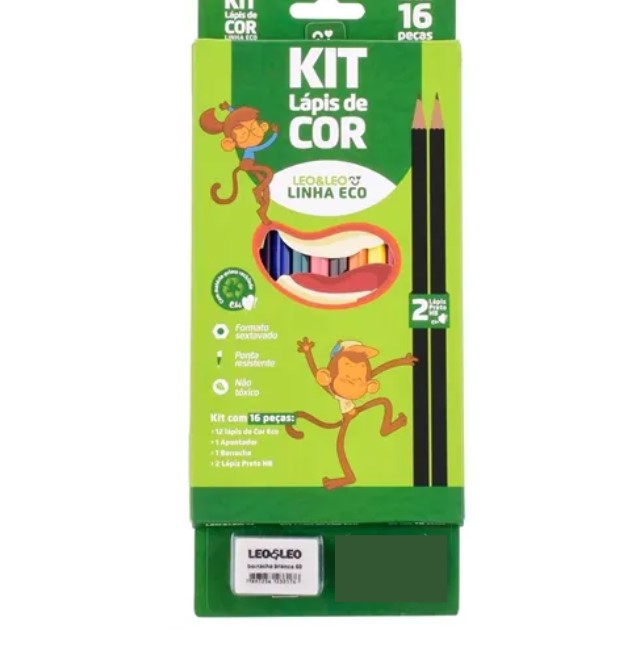 Kit Escolar Leo e Leo Ecológico mais 2 Lápis Preto 1 Apontador 1 Borracha