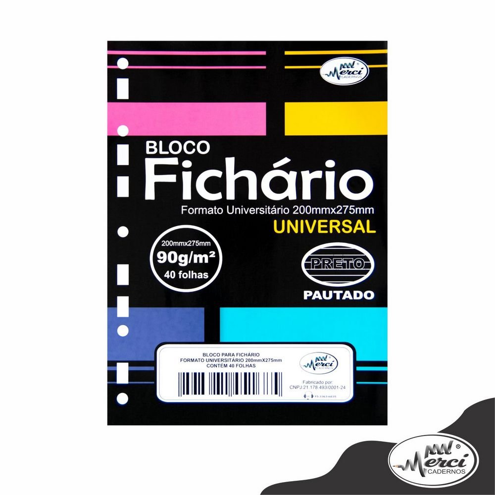 Bloco Fichário Merci Universitário Pautado com 40 Folhas Universal Preto