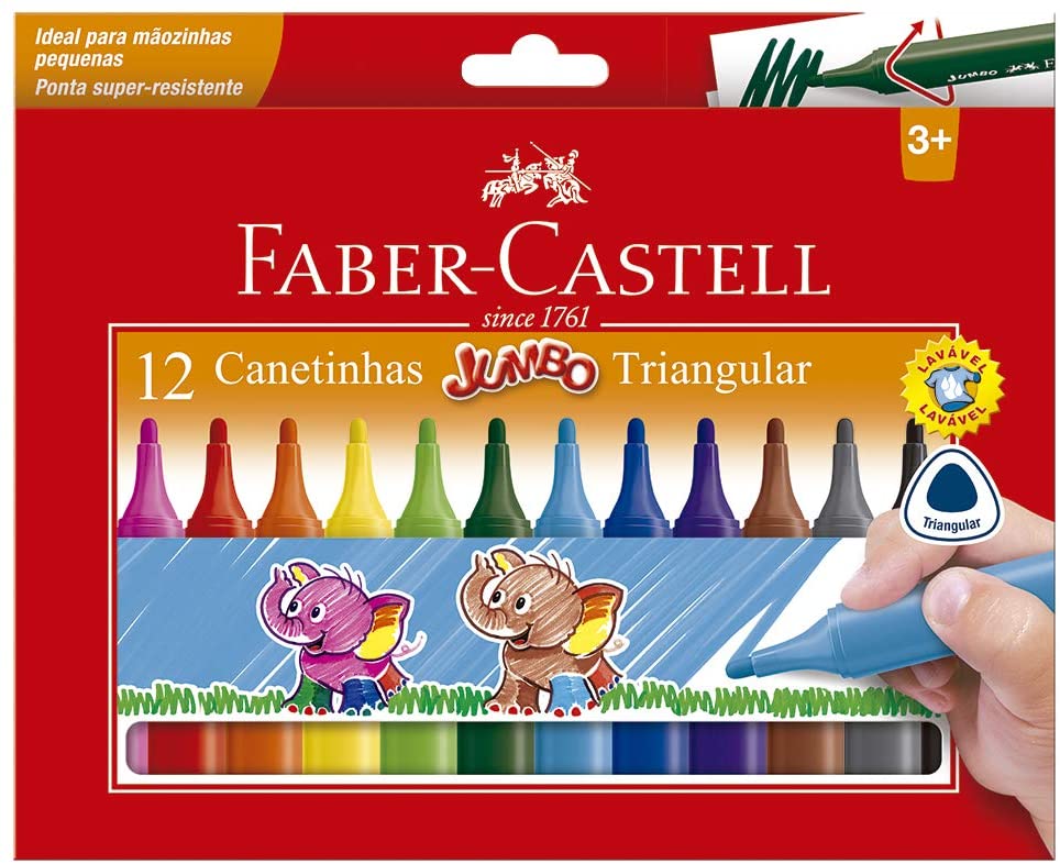 Caneta Hidrocor Faber Castell 12 Cores Jumbo Triangular Grande