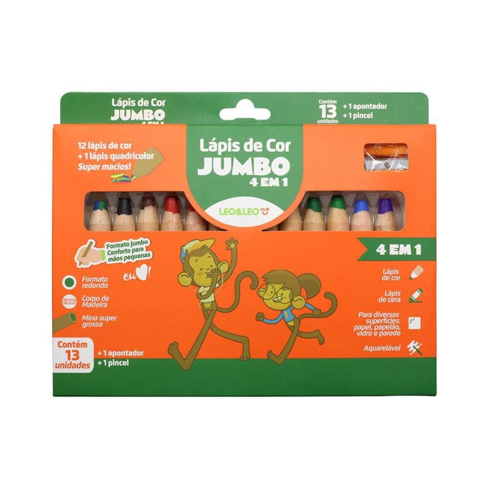 Lápis de Cor Leo e Leo Jumbo 12 Cores mais 1 Lápis Quadricolor Super Macios