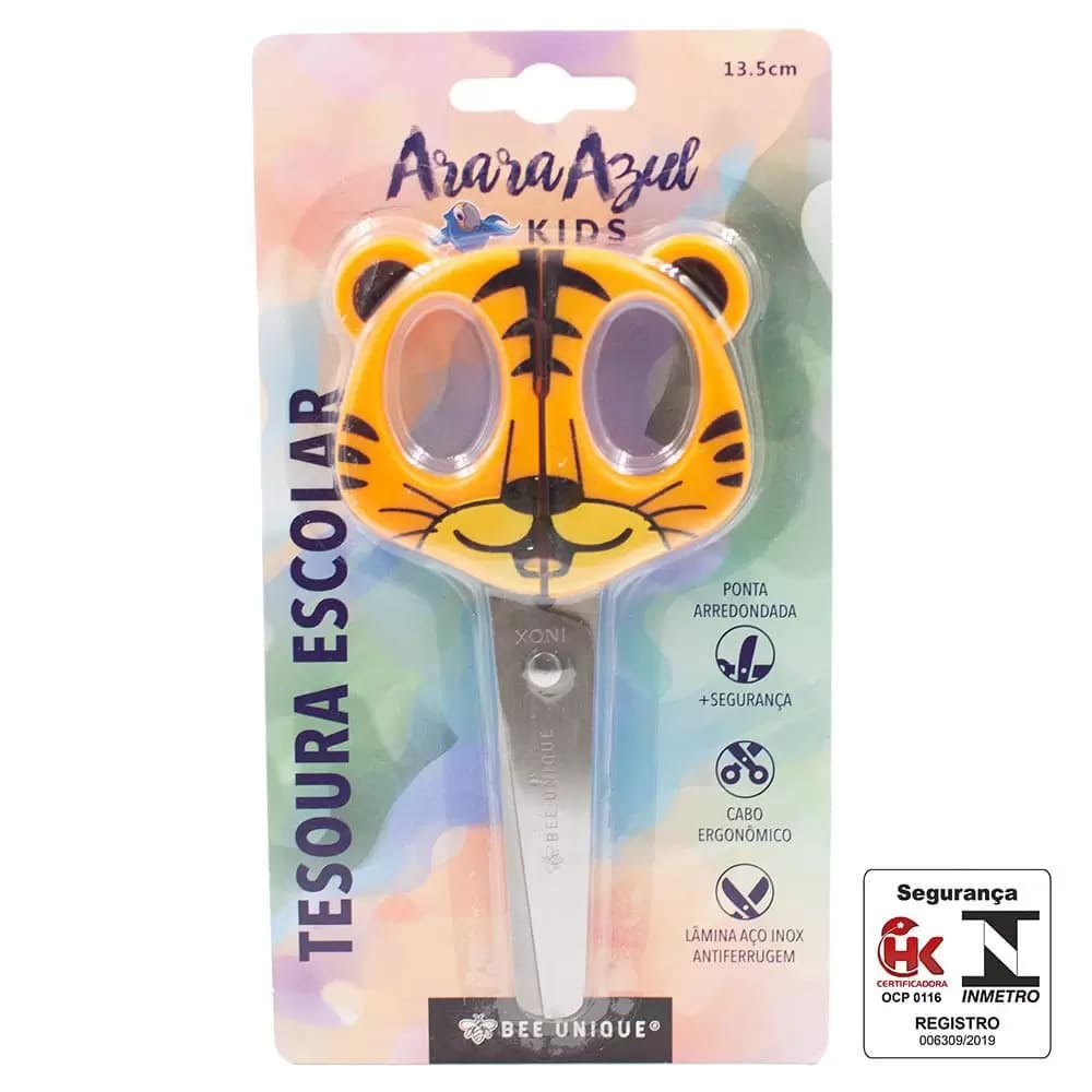 Tesoura Escolar Bee Unique Inox Formato Tigre 13cm