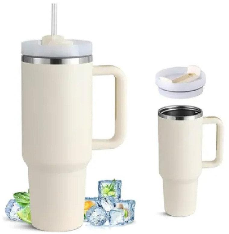 Garrafa Copo Térmico 1200 ml Aço Inox com Tampa e Canudo Branco