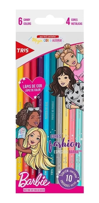 Lápis de Cor TRIS Grande 10 Cores Barbie Tons Fashion