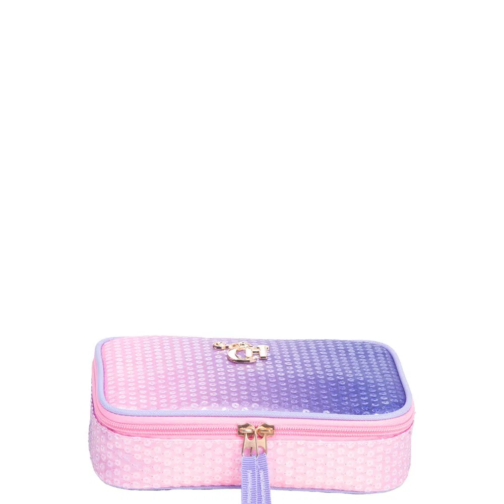 Estojo Escolar Sestini Capricho Paetê 2 Divisórias Rosa Lilás