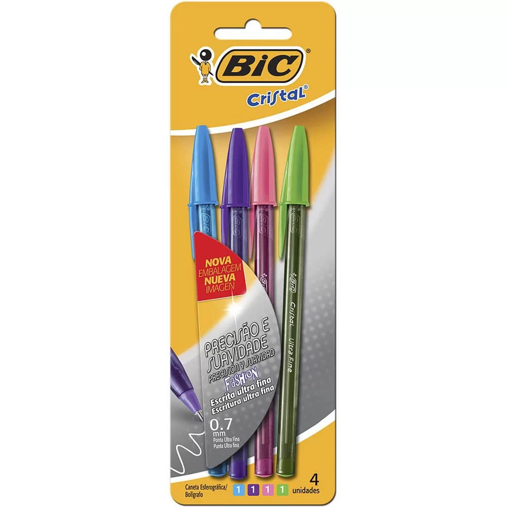 Caneta Esferográfica BIC Cristal Fashion 0.7mm Ultra Fina com 4 Cores Sortidas