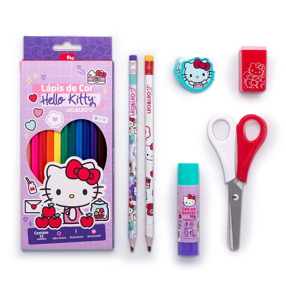 Kit Lápis de Cor Leo e Leo 12x1 Hello Kitty mais Acessórios