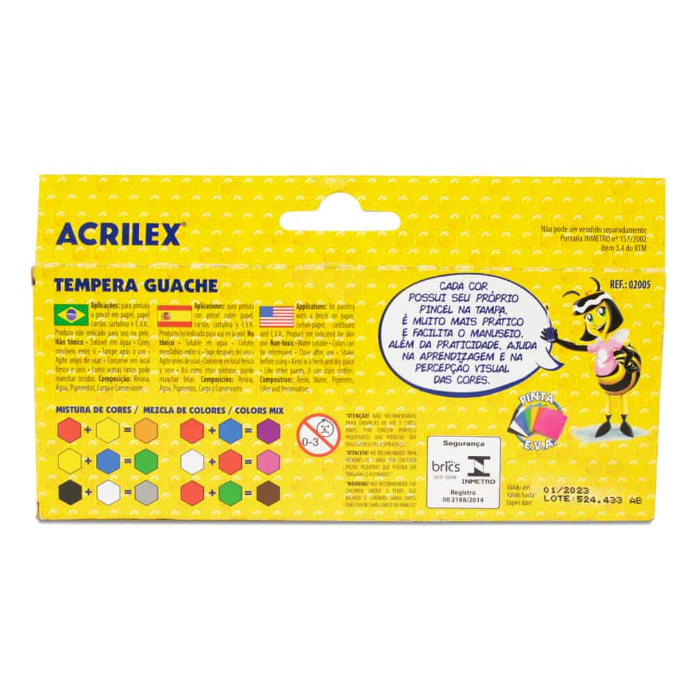 Tinta Guache Acrilex Tempera Guache Show Color com 6 Cores 18ml e Tampa com Pincel