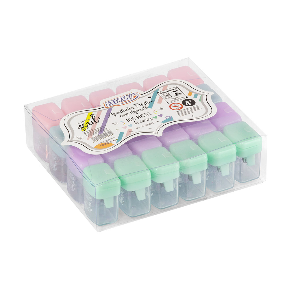 Apontador BRW Plástico Quadrado com Depósito Pastel Sortido