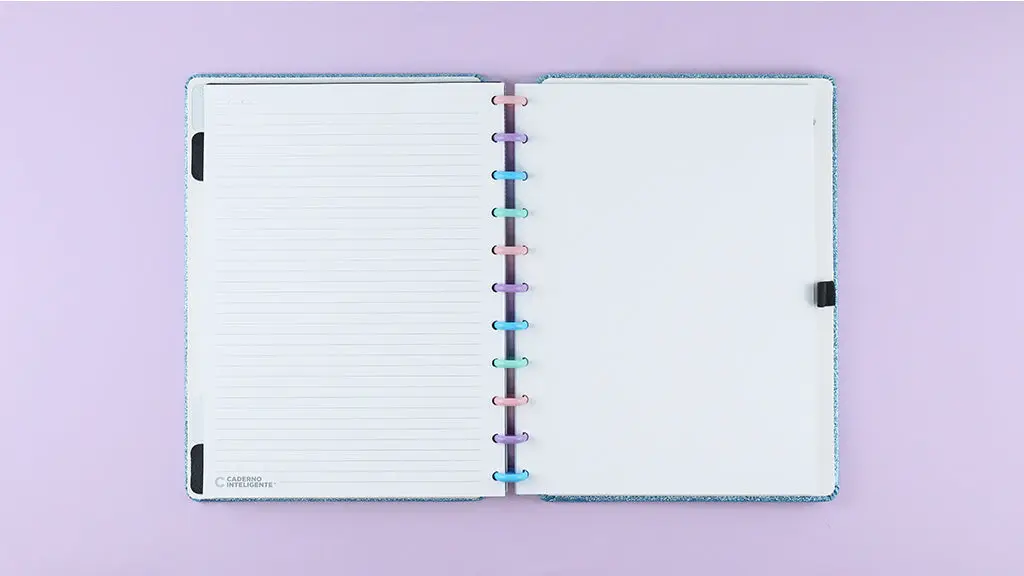 Caderno Inteligente Glitter Blue 60 Folhas com Pautas 20 Folhas Lisas Brancas