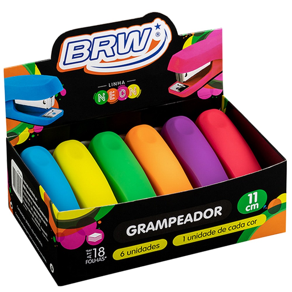 Grampeador BRW Corpo Plástico Resistente e Textura Emborrachada para 18 Folhas Colorido Sortido