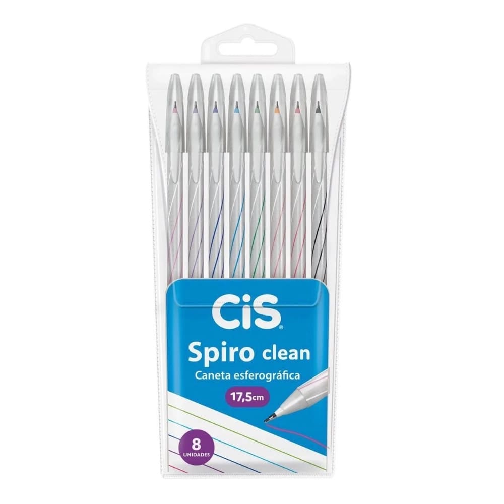 Caneta CIS Esferográfica Spiro Clean 0.7 mm Estojo com 8 Cores