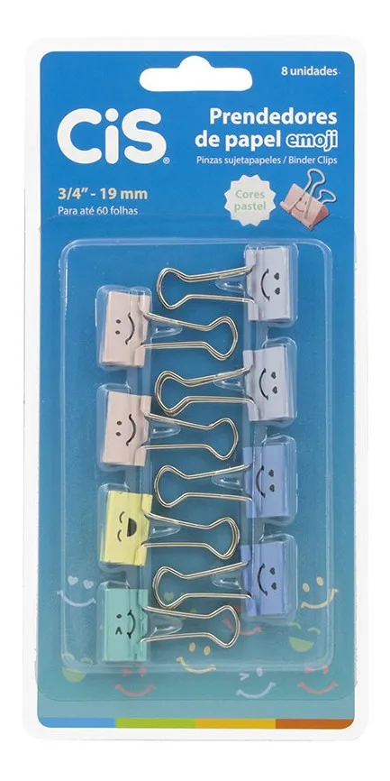 Prendedor de Papel CIS Emoji 19mm Bloco com 8 Unidades