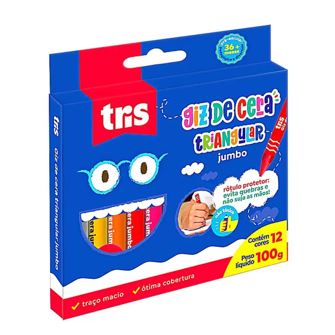 Giz de Cera TRIS Jumbo Triangular com 12 Cores Traço Macio Ótima Cobertura