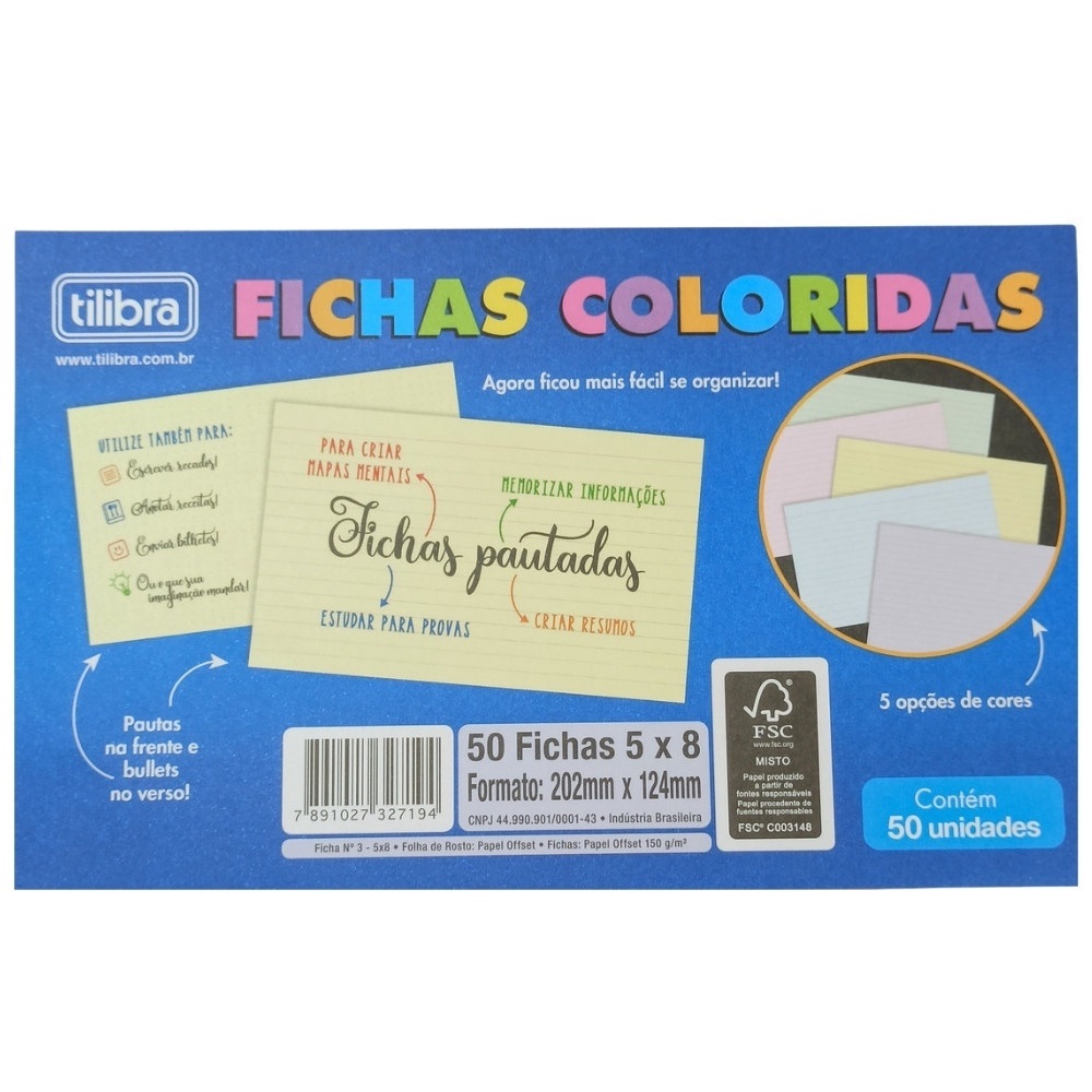 Ficha Pautada Tilibra Número 03 com 50 Folhas 5 x 8 Coloridas
