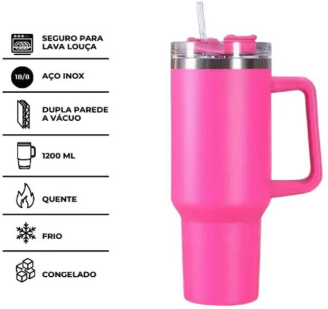 Garrafa Copo Térmico 1200 ml Aço Inox com Tampa e Canudo Rosa