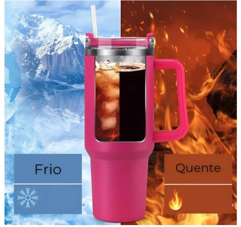 Garrafa Copo Térmico 1200 ml Aço Inox com Tampa e Canudo Rosa