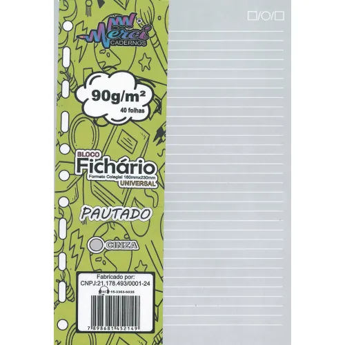 Bloco Fichário Merci Universitário Pautado com 40 Folhas Cinza