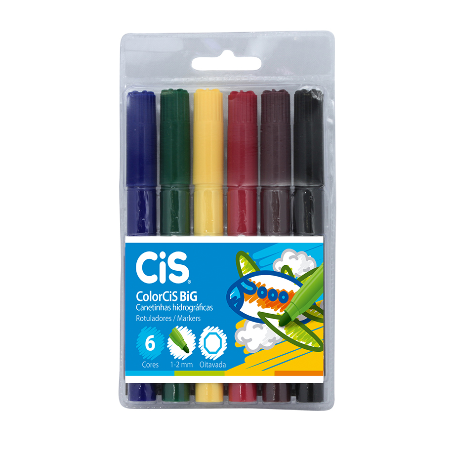 Caneta Hidrográfica CIS Jumbo Corpo Oitavado Estojo com 6 Cores