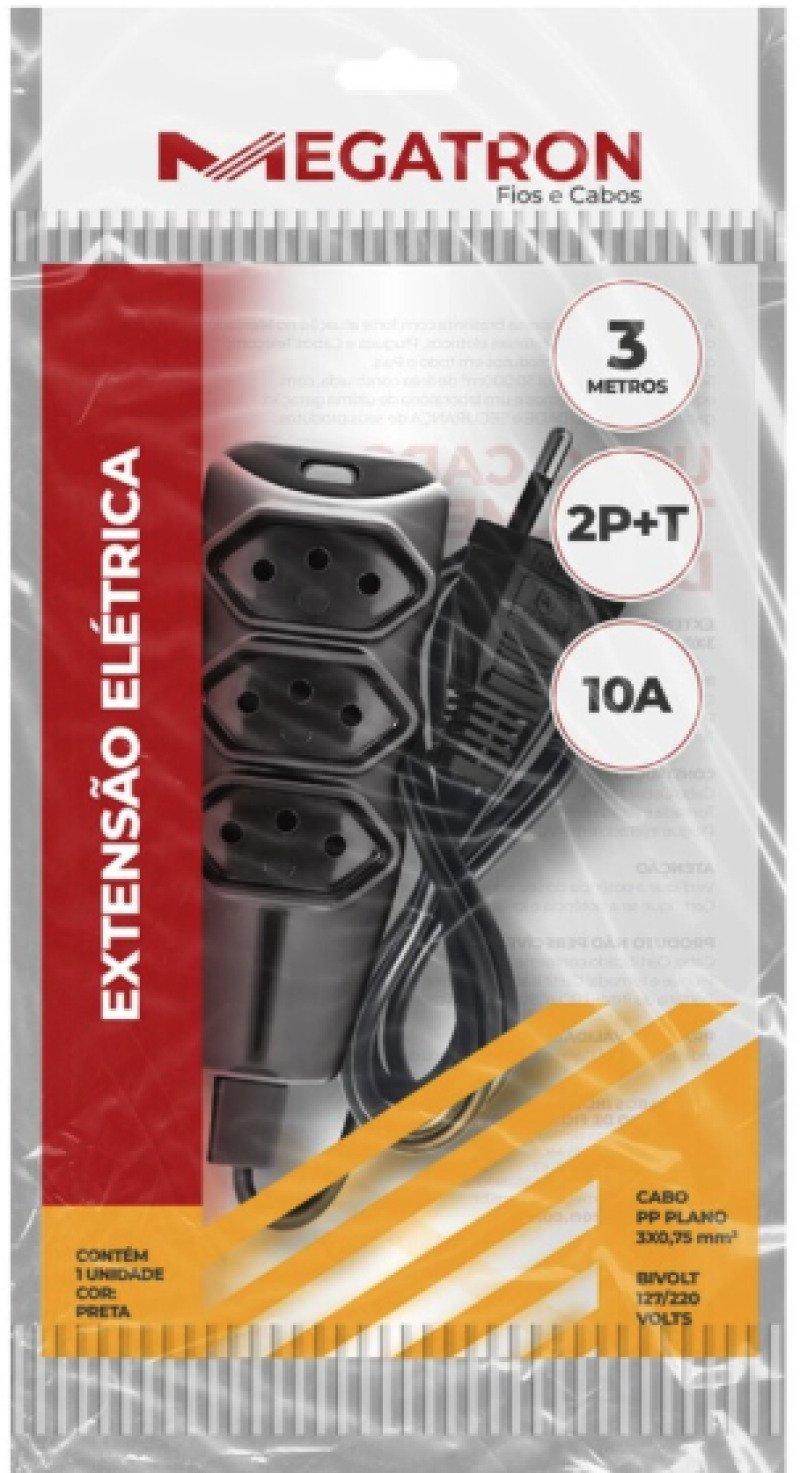 Cabo de Extensão 3 Tomadas Megatron 10A 3 Metros Tripolar Preto - 57